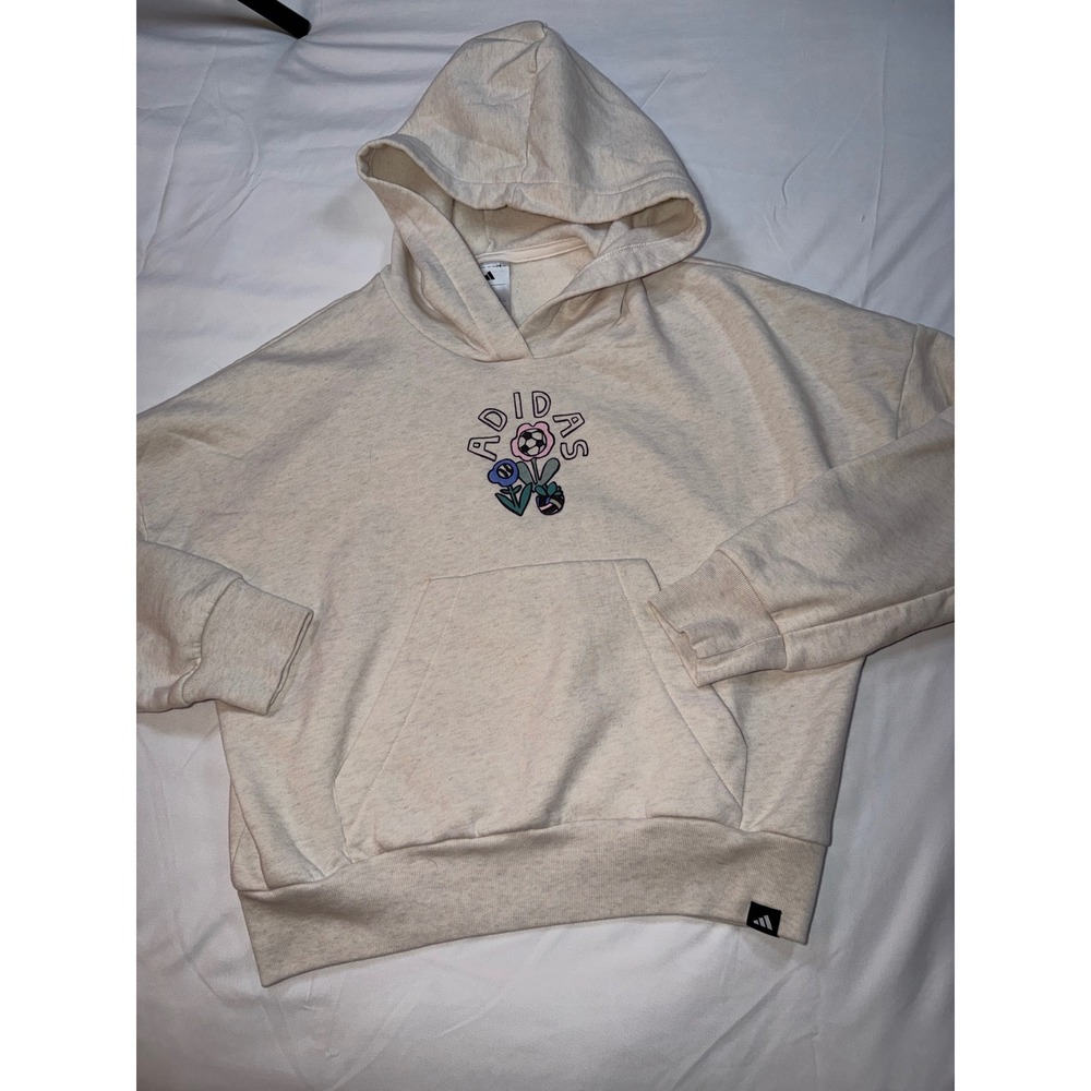 Adidas Kids Loose Fit Hoodie Cream Floral Sports Graphic Pullover Size L 14